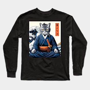 Vaporwave Samurai Cat Great Wave Off Kanagawa Long Sleeve T-Shirt